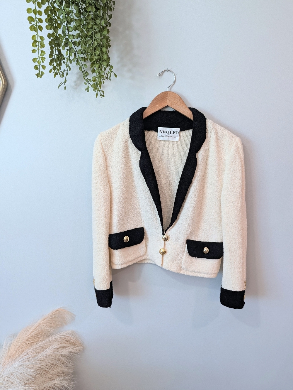 Adolfo At Saks Vtg Wool Cream and Black Cropped Bouclé Blazer with Gold Buttons